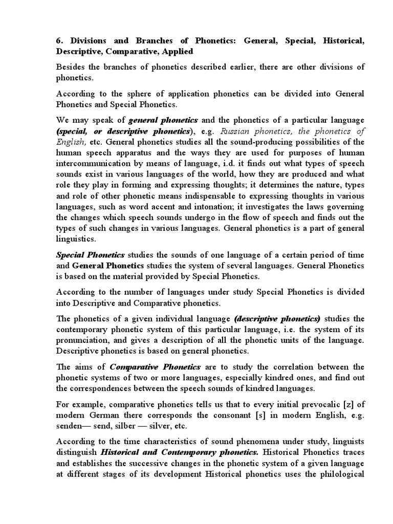 Divisions and Branches of Phonetics: General, Special, Historical