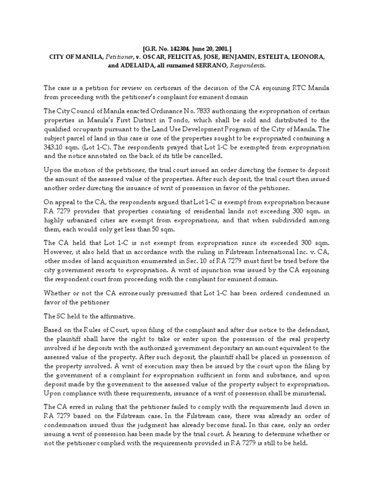 Expropriation Case: City of Manila v. Serrano | PDF | Eminent Domain ...