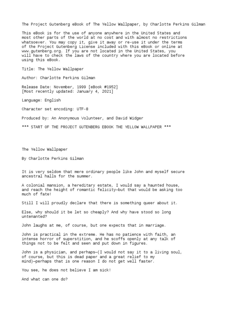 The Yellow Wallpaper PDF Project Gutenberg Copyright