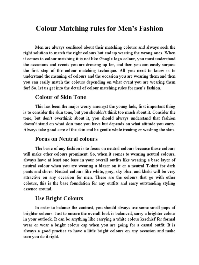 Men's Fashion Colour Matching Guide | PDF | Clothing | Fashion