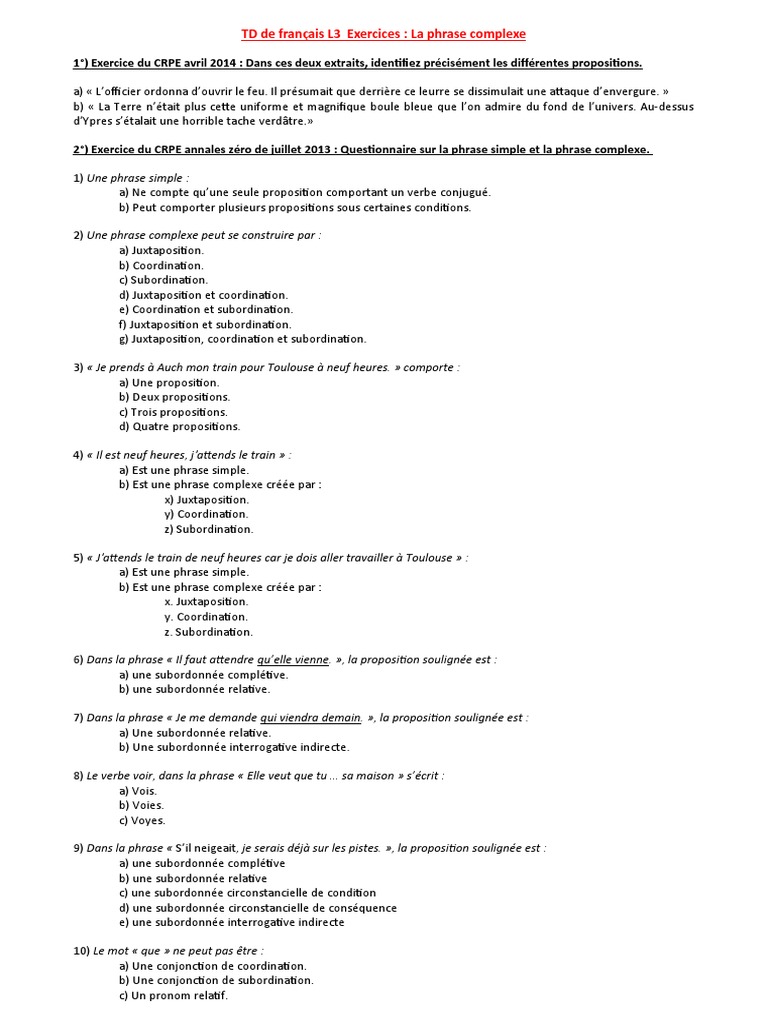 Exercices Phrases Simples Et Complexes 6ème Pdf Exercices Supplémentaires L3 La Phrase Complexe | PDF | Clause | Unités  sémantiques