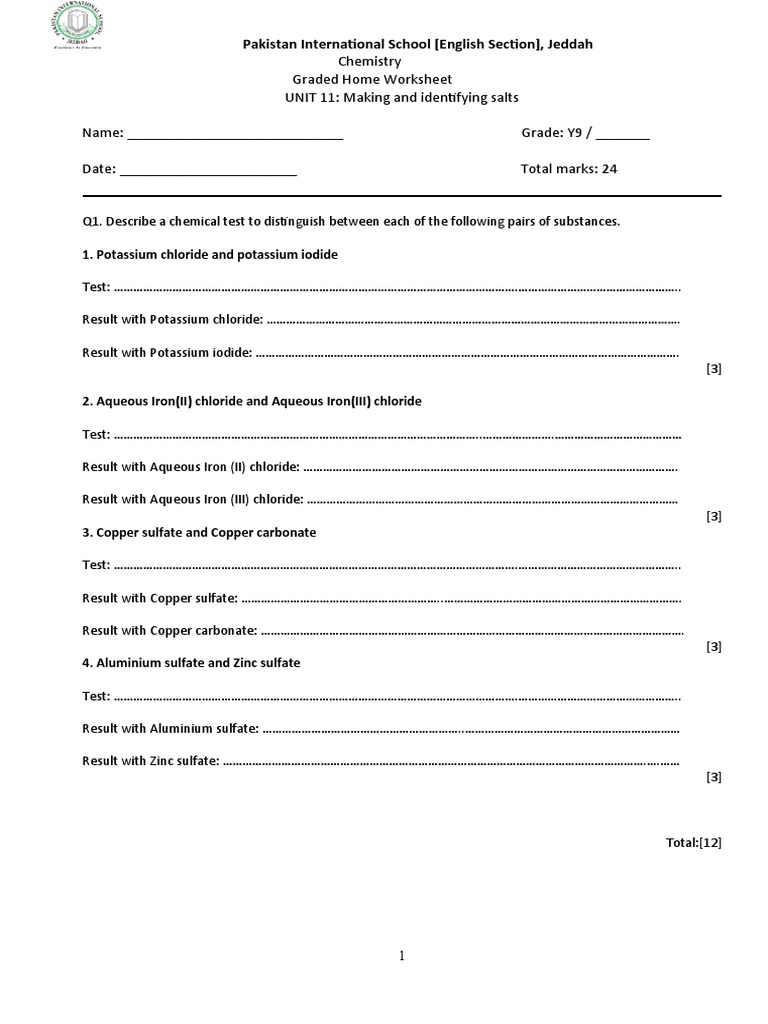 Graded Home Work Sheet Unit 11 PDF Precipitation (Chemistry) Silver