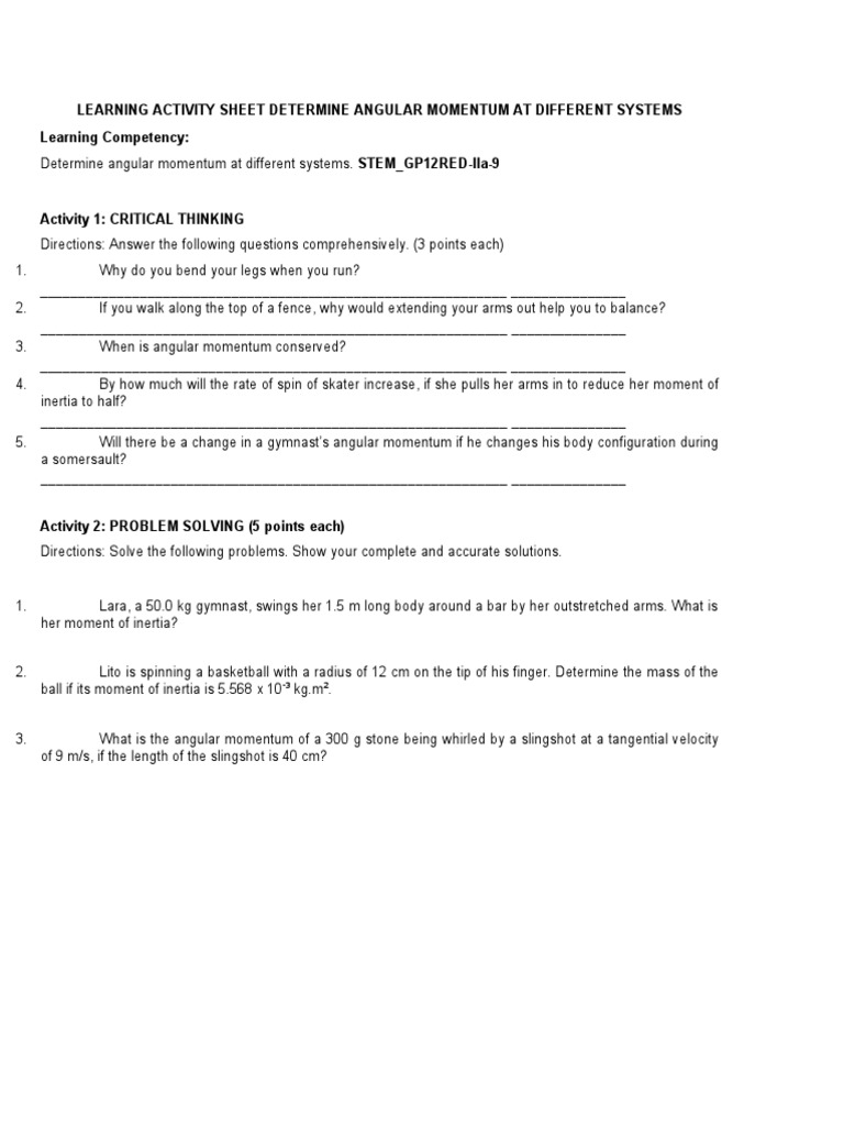 Angular Momentum Learning Activity Sheet | PDF | Teaching Methods ...