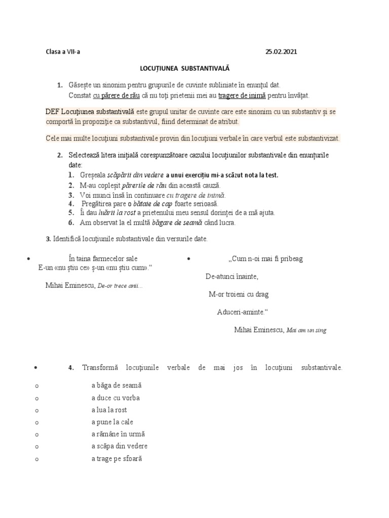 Locuțiunea Substantivalăclasa A VII | PDF