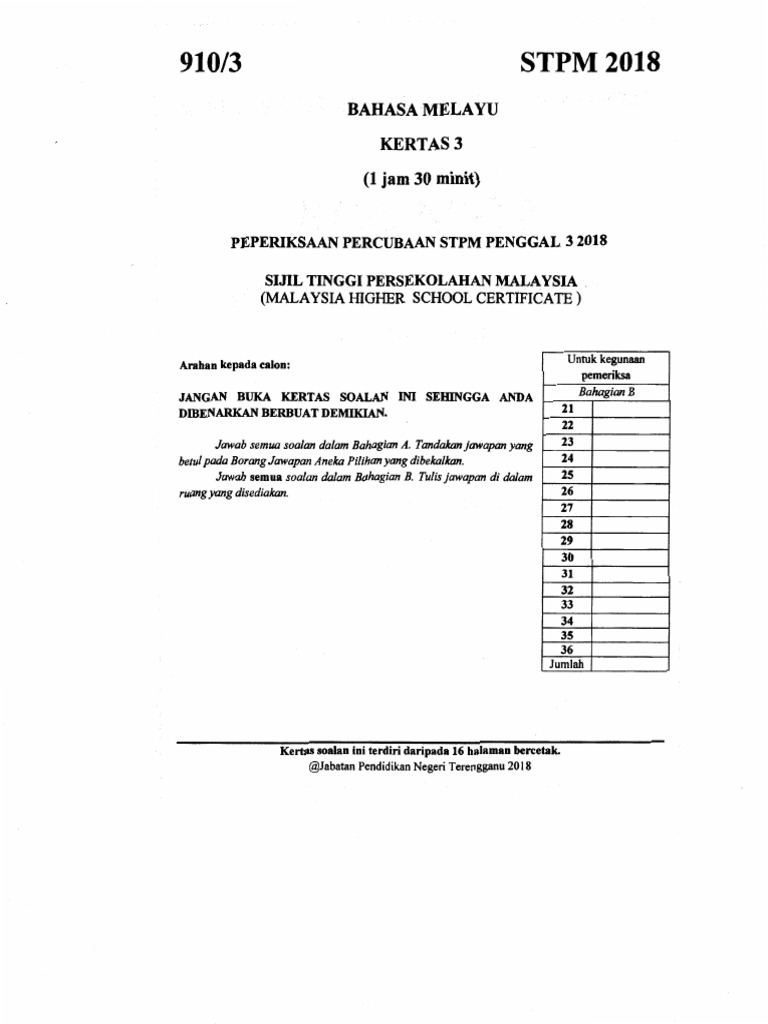 Soalan Peperiksaan Percubaan Stpm Semester 3 2018 Trg Pdf