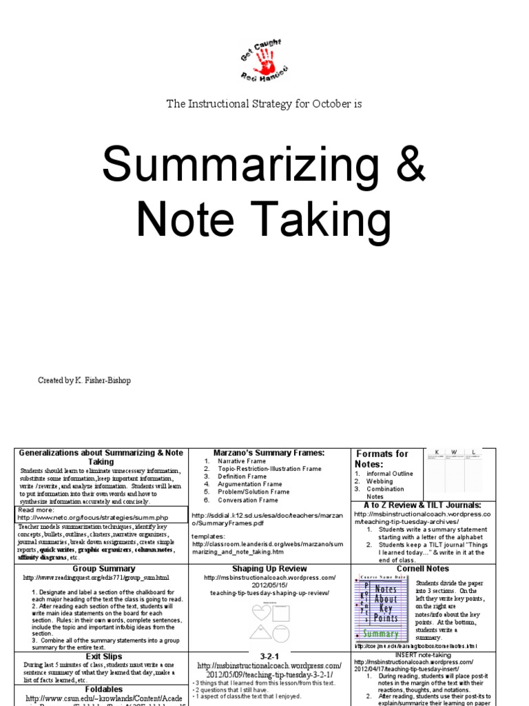Summarizing Note Taking Cheat Sheet | PDF | Education Theory | Cognition