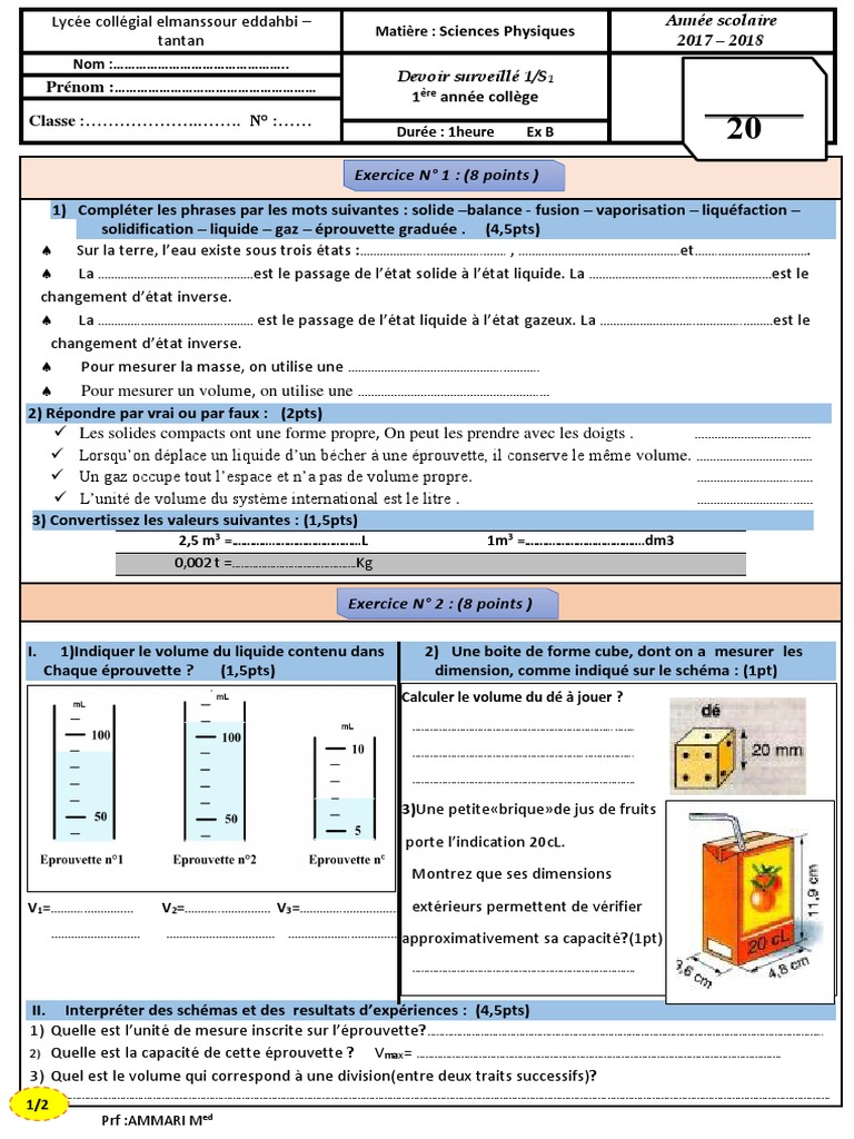 Devoir de Physique 1AC Semestre 1 | PDF | Le volume | Gaz