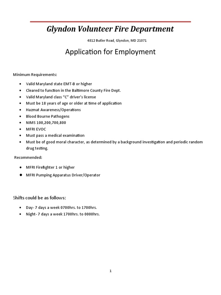 Glyndon Volunteer Fire Department: Application For Employment | PDF ...
