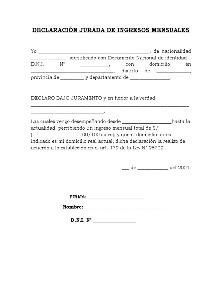 Modelo de Declaración Jurada Mensual | PDF | Ciencias sociales | Derecho