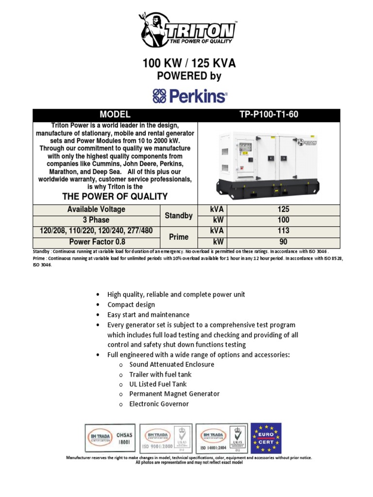 100 KW Perkins Diesel Generator Set - Non EPA TP-P100-T1-60 | PDF