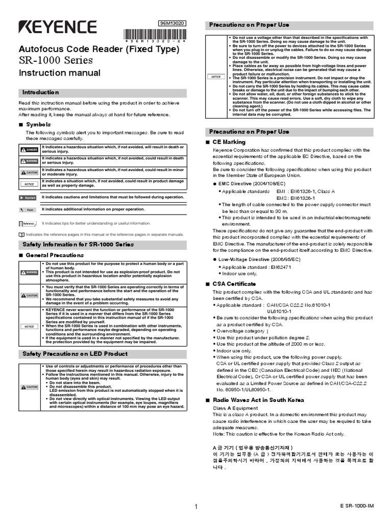 SR-1000 Series: Autofocus Code Reader (Fixed Type) Instruction Manual ...