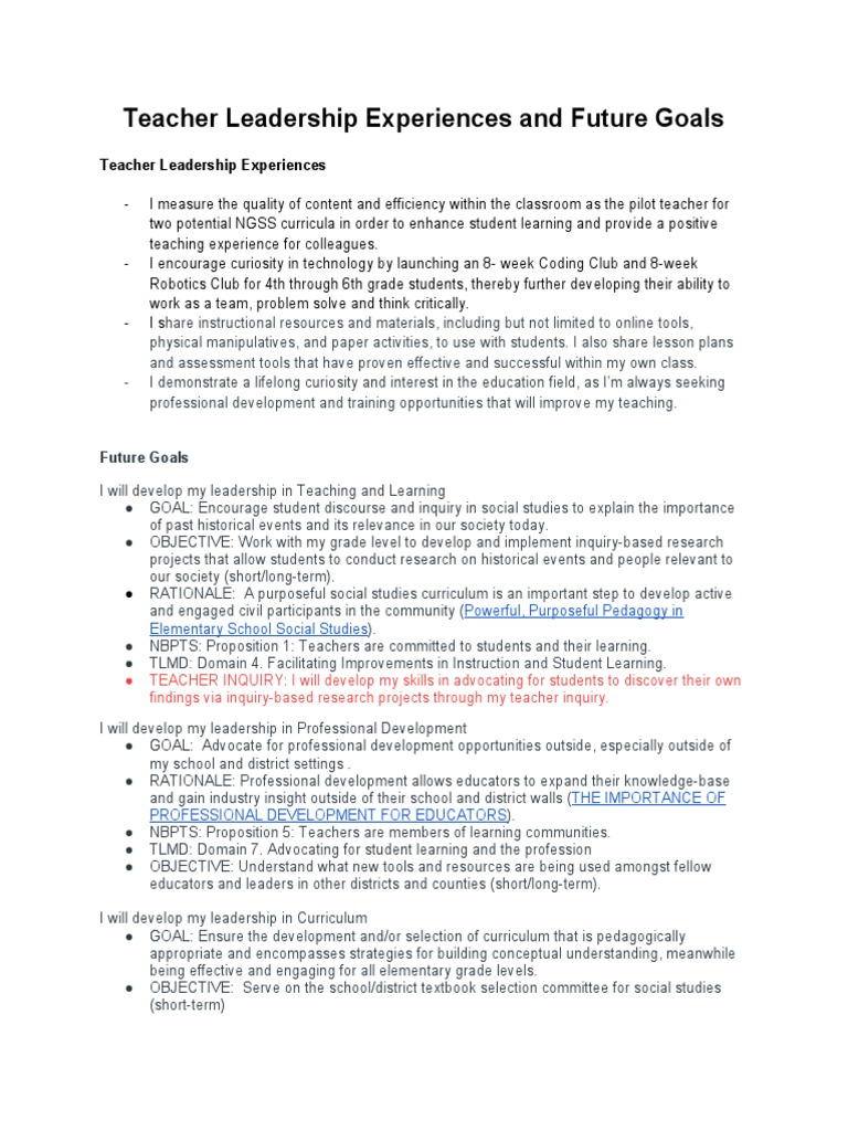 Teacher Leadership Goals and Strategies | PDF | Inquiry Based Learning ...