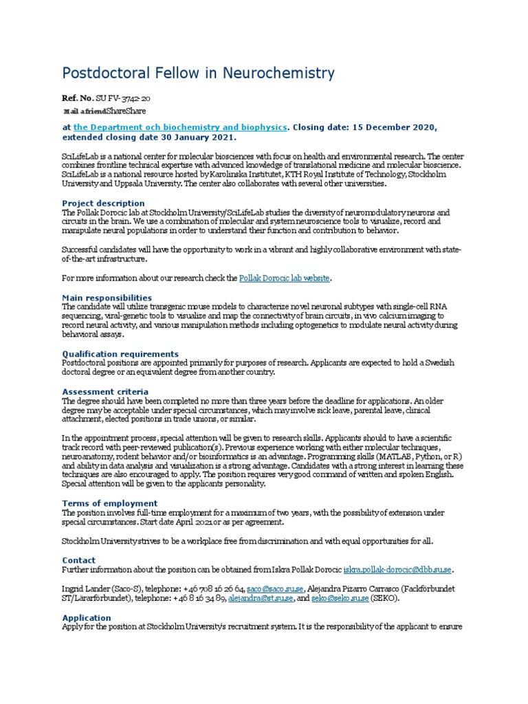 Postdoctoral Fellow In Neurochemistry Pdf In Vitro Neuroscience