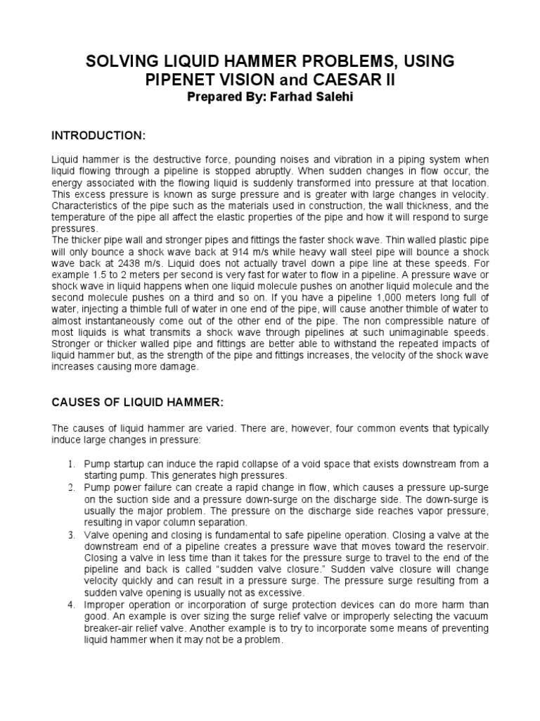 Solving Liquid Hammer Problems Using Vision and Caesar Ii PDF Liquids Shock Wave