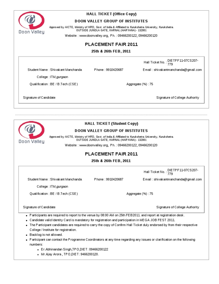 Placement Fair 2011 Hall Ticket Details | PDF