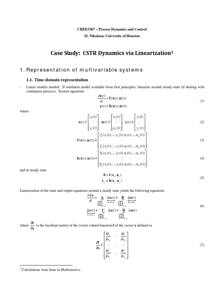 Case Study: CSTR Dynamics Via Linearization: 1. Representation of ...