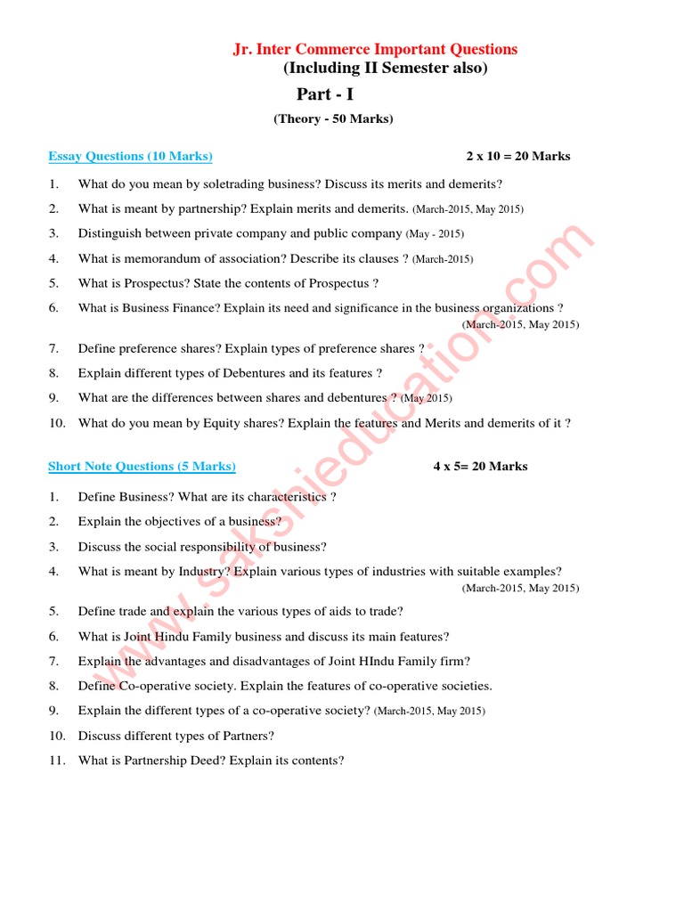 Important Questions for Inter 1st Year Commerce | PDF | Bookkeeping ...