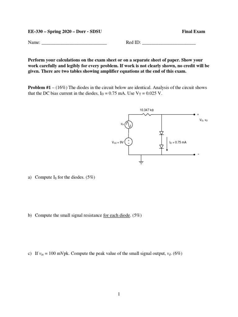 Final - EE330 - Dorr - Spring 2020 | PDF | Amplifier | Bipolar Junction ...