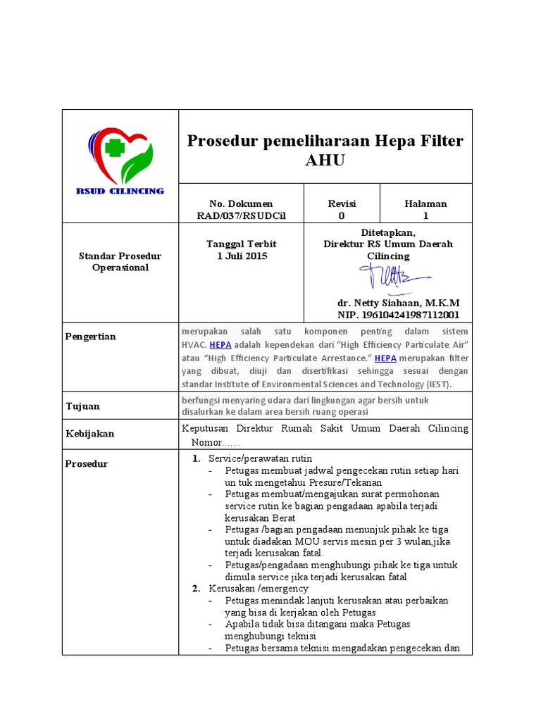 Prosedur Pemeliharaan HEPA Filter | PDF
