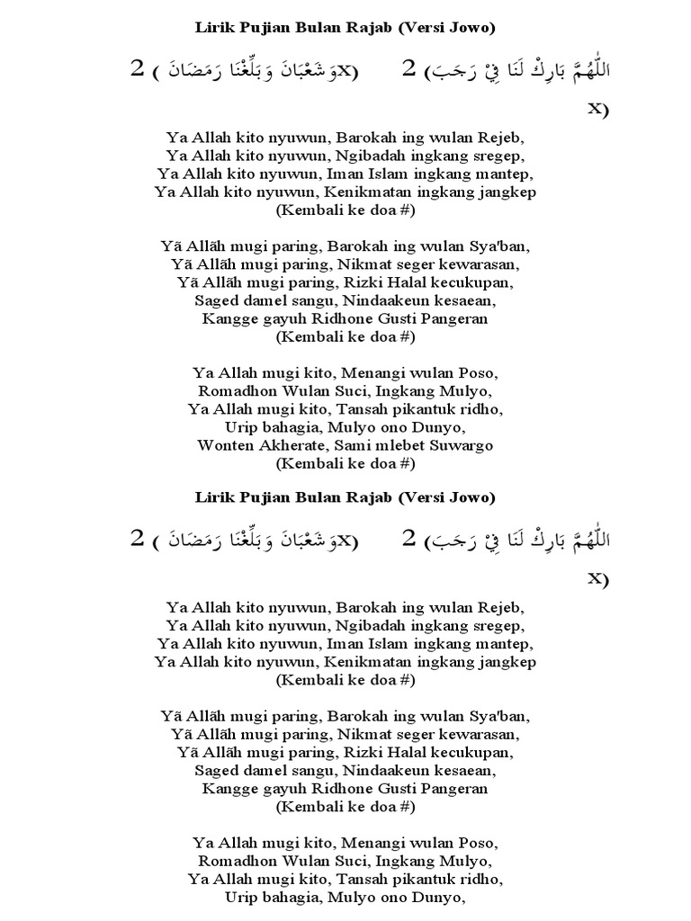 Lirik Sholawat Bulan Rajab Jowo | PDF