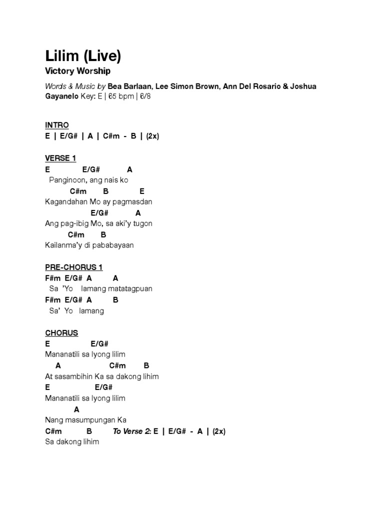 Lilim Piano Chords Key Of E