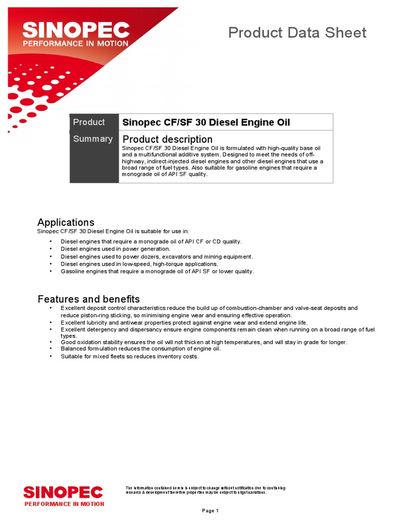 Sinopec Diesel Engine Oil CF SF 30 PDF Motor Oil Diesel Fuel