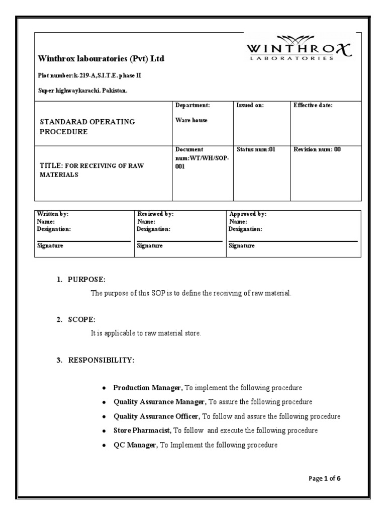 Raw Material Receiving SOP | PDF | Business