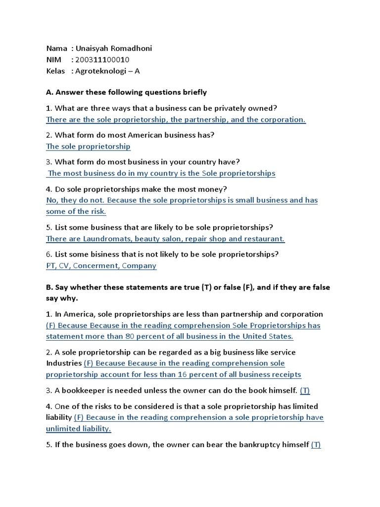 A. Answer These Following Questions Briefly PDF Sole Proprietorship