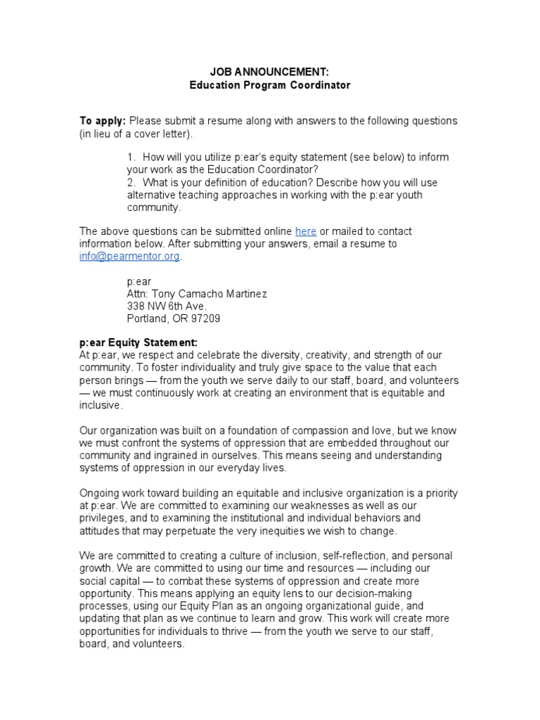 Education Program Coordinator Job Description PDF Mentorship Community
