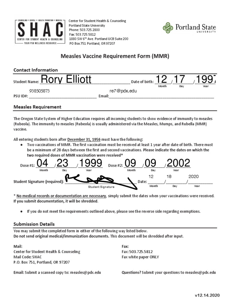 Rory Elliott 12 17 1997: Measles Vaccine Requirement Form (MMR) | PDF ...