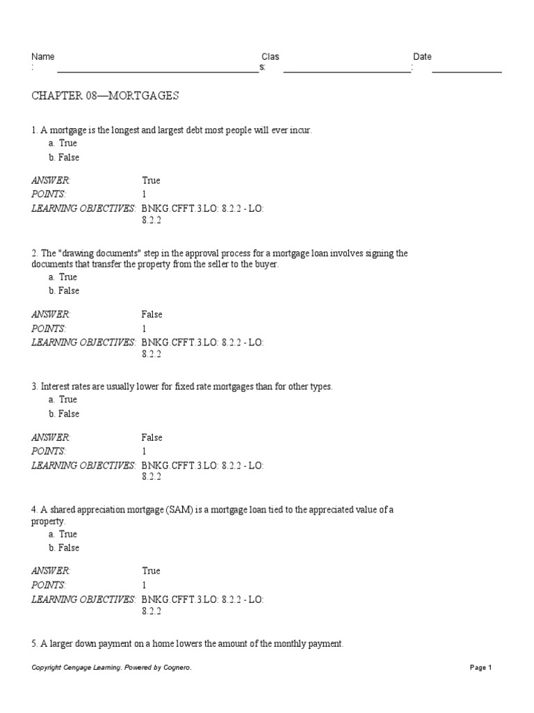 Chapter 08Mortgages Name Clas S Date PDF Mortgage Loan Loans