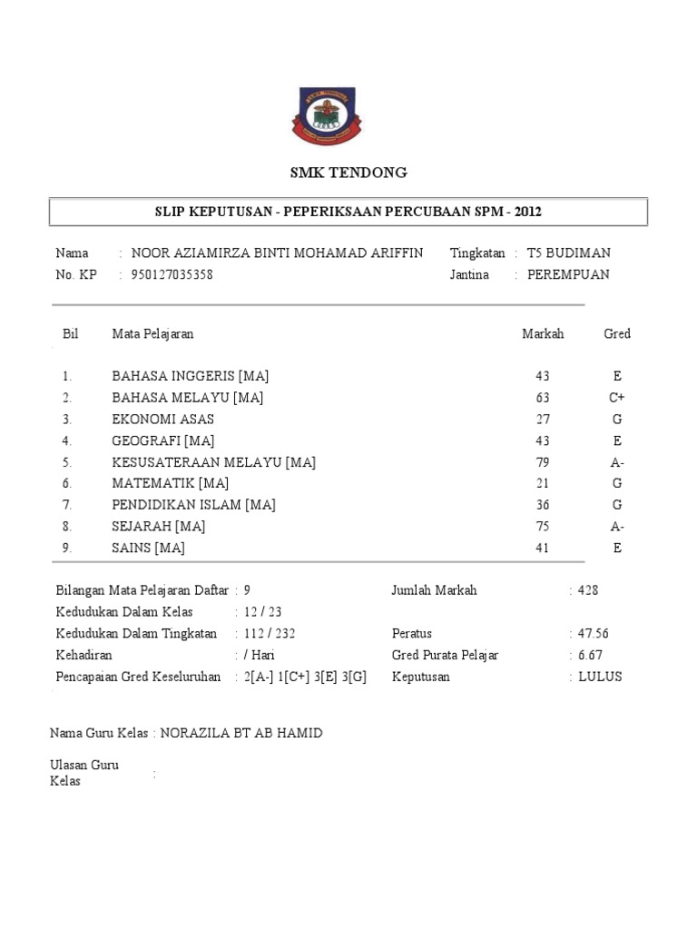 SMK Tendong Slip Keputusan Peperiksaan Percubaan SPM 2012 PDF