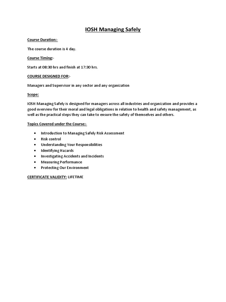 IOSH Managing Safely Course Overview | PDF