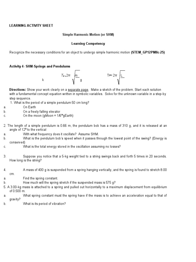 Simple Harmonic Motion (Or SHM) : Learning Activity Sheet | PDF ...