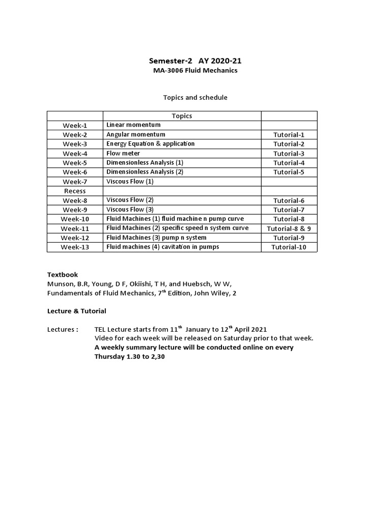 MA3006 Fluid Mechanics Schedule 2021 | PDF | Navier–Stokes Equations ...