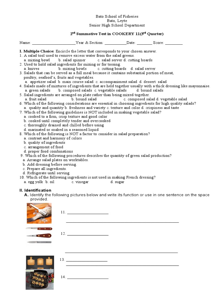 2nd Summative Test In Cookery 11 3rd Quarter Pdf Salad Foods
