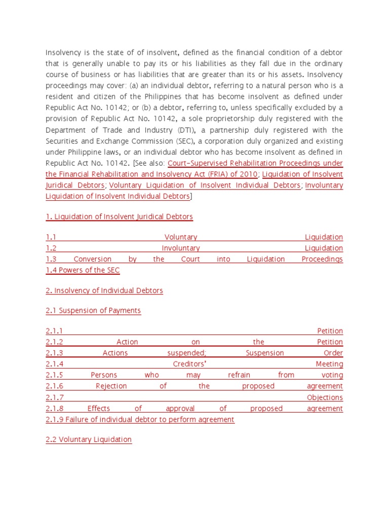 FRIA NOTES Insolvency Is The State of of Insolvent | PDF | Bankruptcy ...
