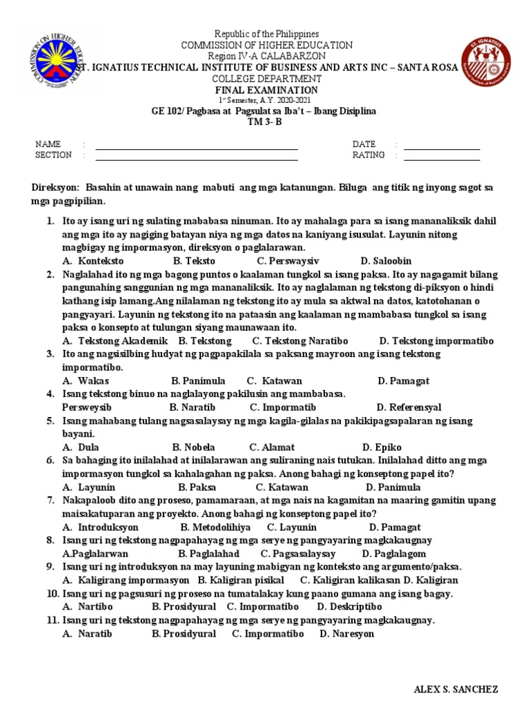 Ge 102 Final Examination Pdf