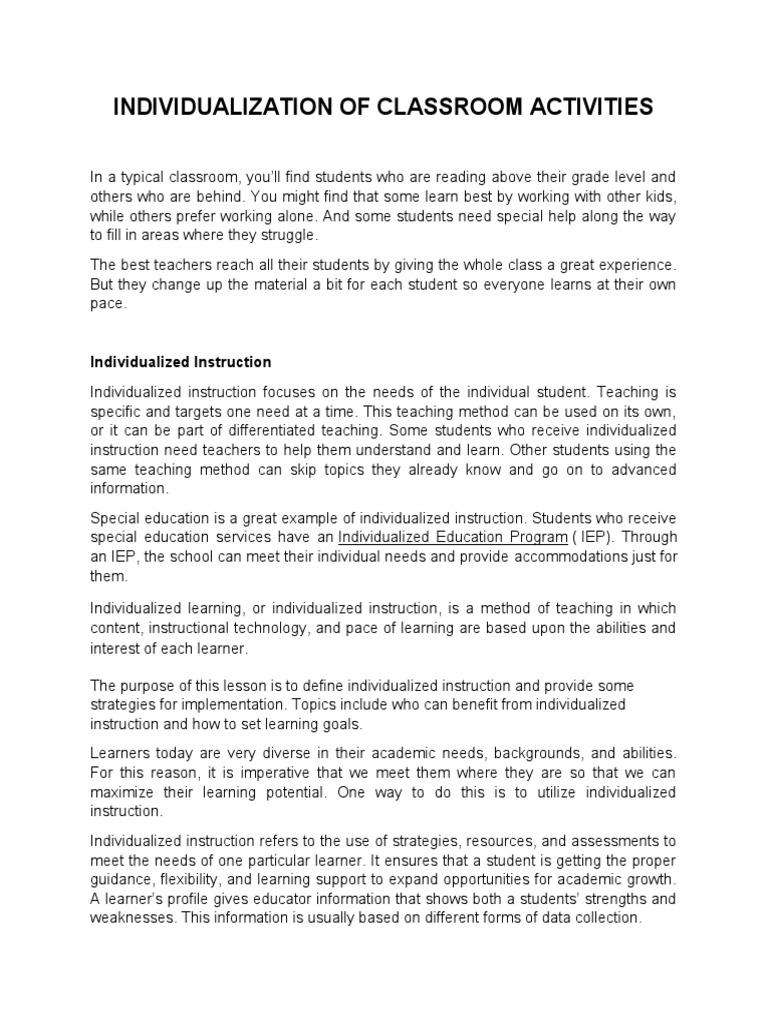 Individualization of Classroom Activities | PDF | Individualized ...