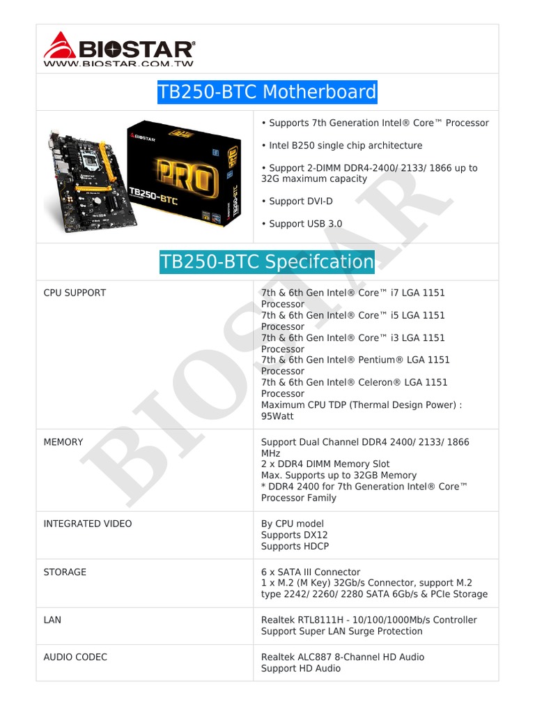 Biostar TB250-BTC Spec | PDF | Electrostatic Discharge | Usb
