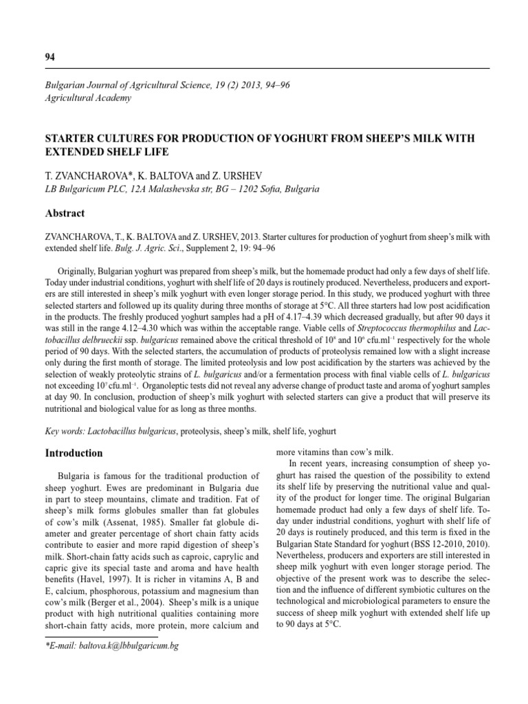 Starter Cultures For Production of Yoghurt From Sheep'S Milk With Extended Shelf Life Download