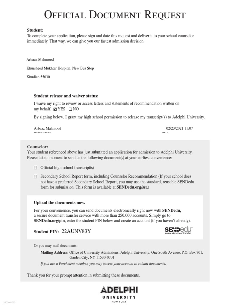 Adelphi University Admission Document Request | PDF