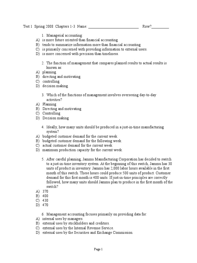 Test 1 Chapter 1-3 | PDF | Cost | Management Accounting