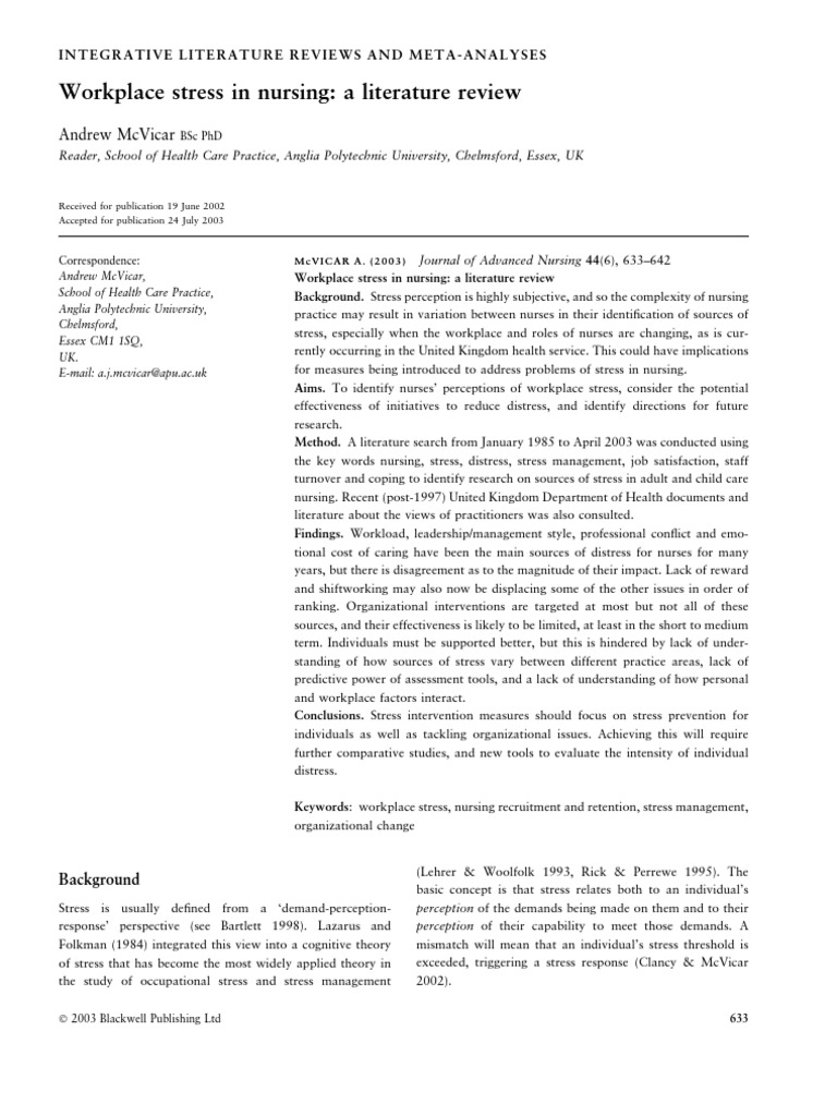 Stress in Nursing: A Literature Review | PDF | Occupational Stress ...