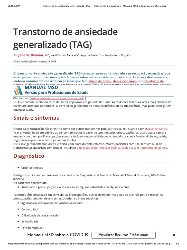 Transtorno de Ansiedade Generalizado (TAG) - Transtornos Psiquiátricos ...