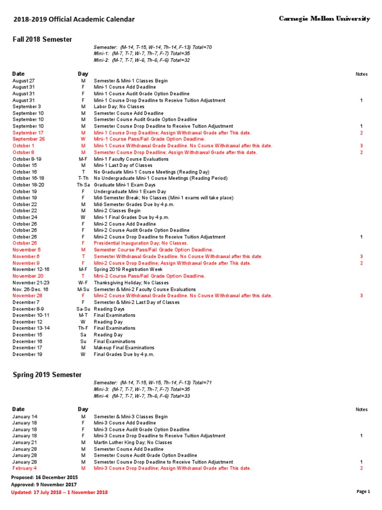 2018-2019 Official Academic Calendar: Carnegie Mellon University Fall 2018  Semester | PDF | Academic Term | Graduate School