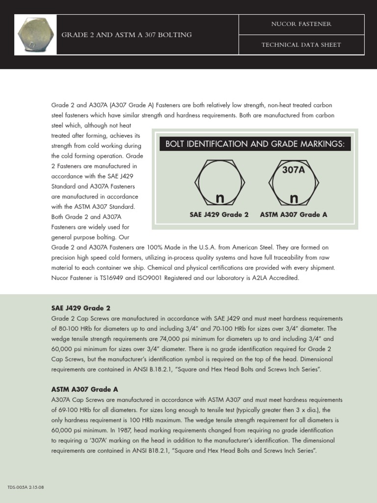 Nucor Fasteners: Grade 2 & A307A Specs | PDF | Screw | Strength Of ...
