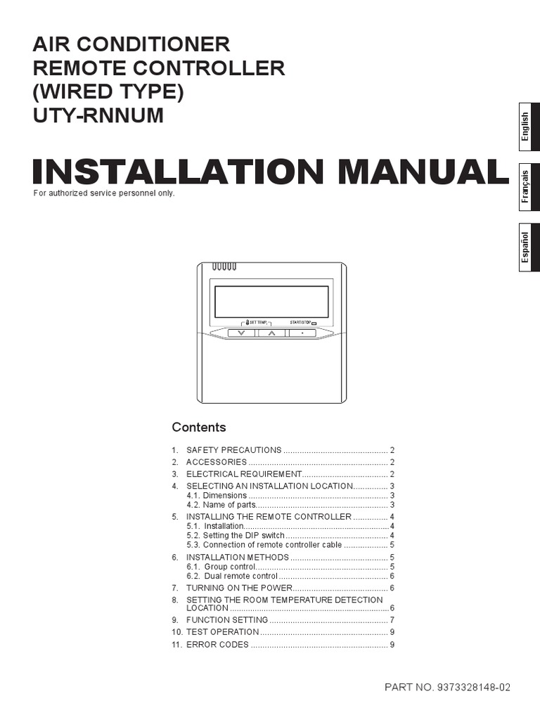 Installation Manual Air Conditioner Remote Controller (Wired Type) Uty