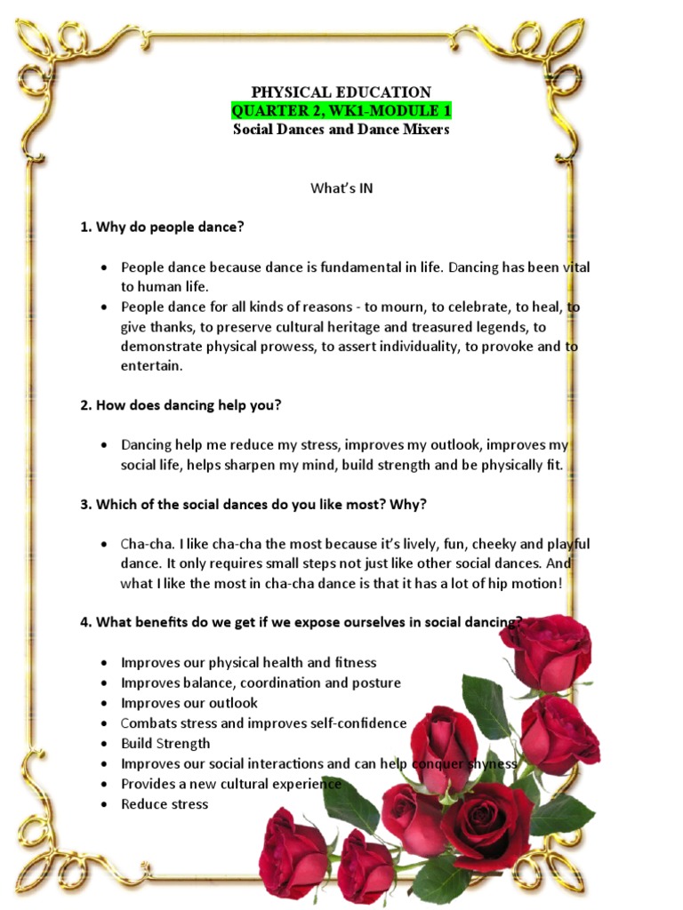 Physical Education Quarter 2, Wk1Module 1 Social Dances and Dance