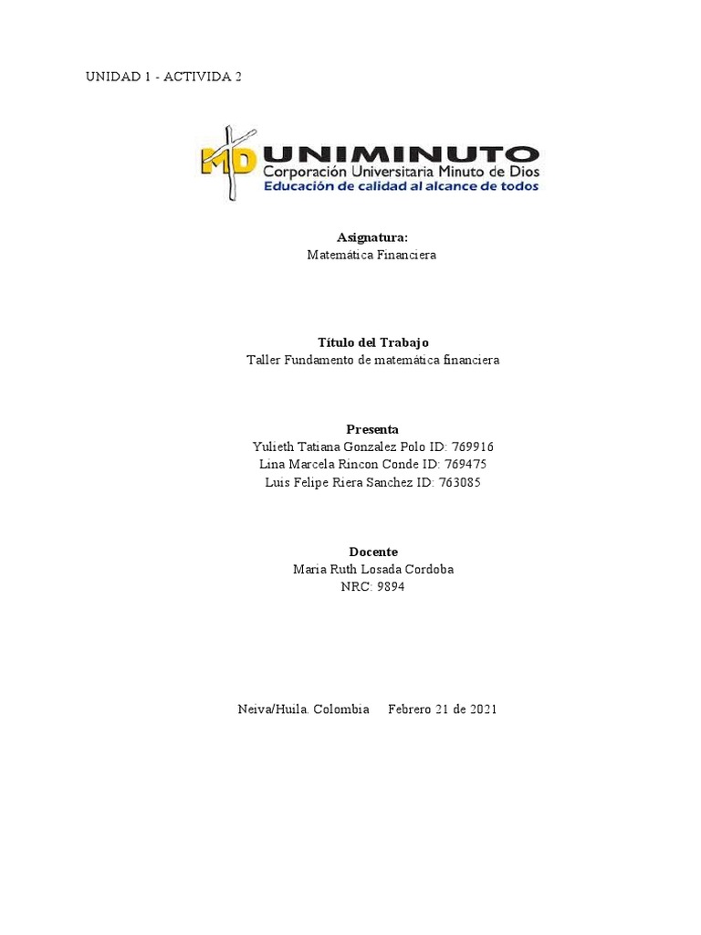 Taller 1 MATEMATICA FINANCIERA | PDF | Finanzas Matemáticas | Interés